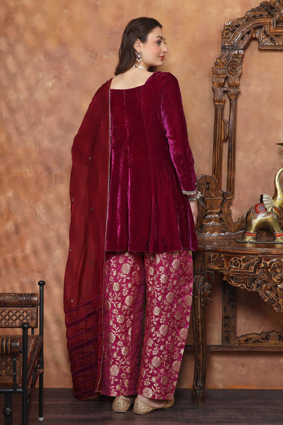 Silk Velvet Short Anarkali With Brocade Farshi - PLUM