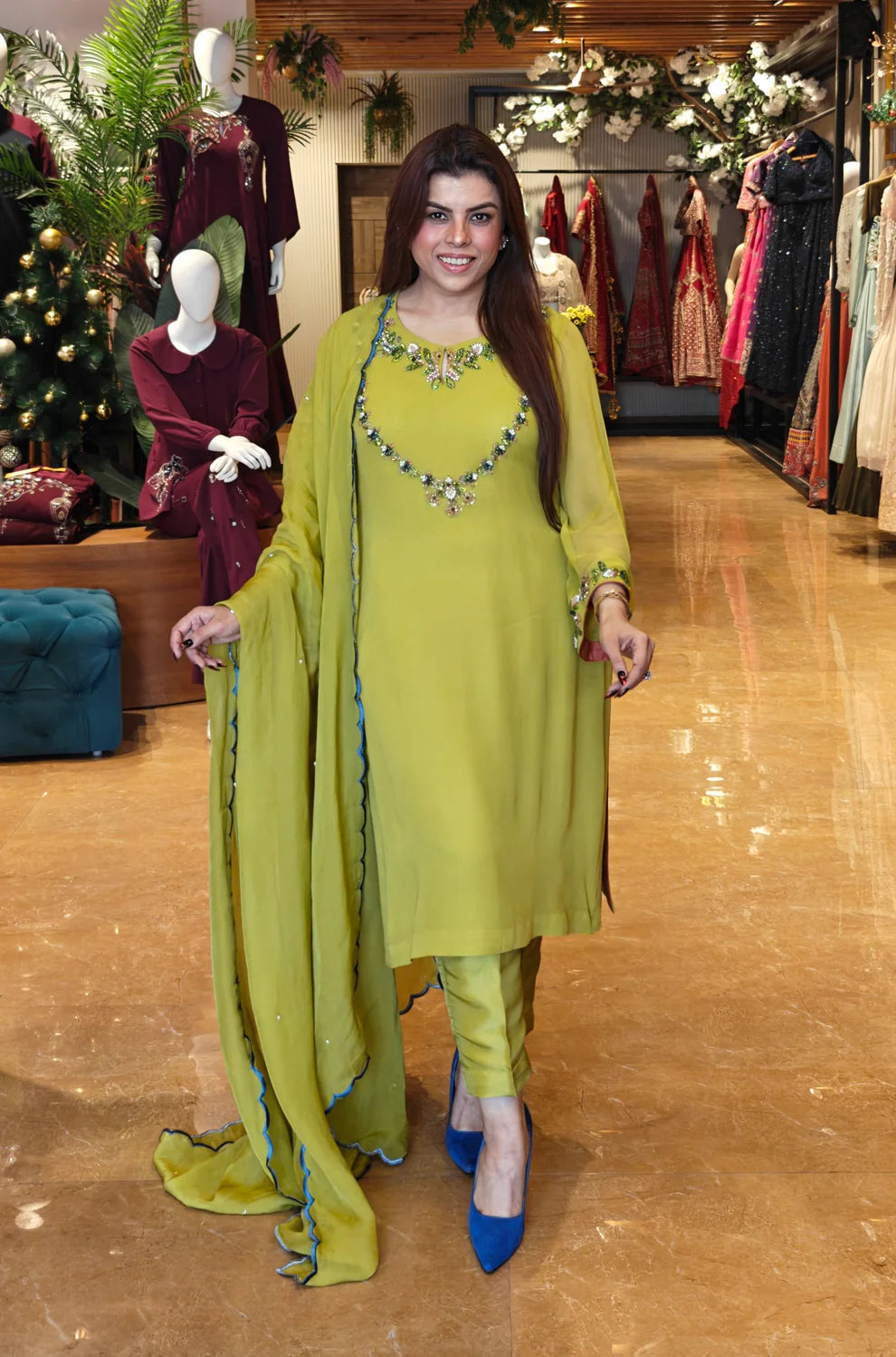 Georgette Suit With Glass Beads Embroidery - GOLDEN OLIVE