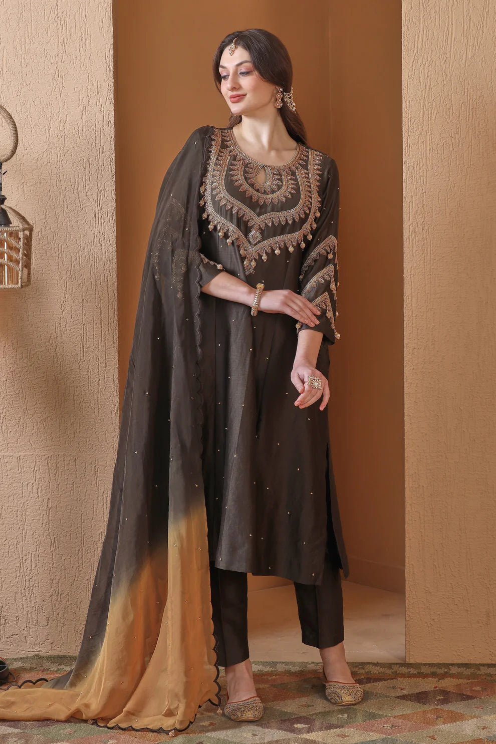 Kora Silk Kalidar Suit With Nakshi Embroidery - DARK OLIVE