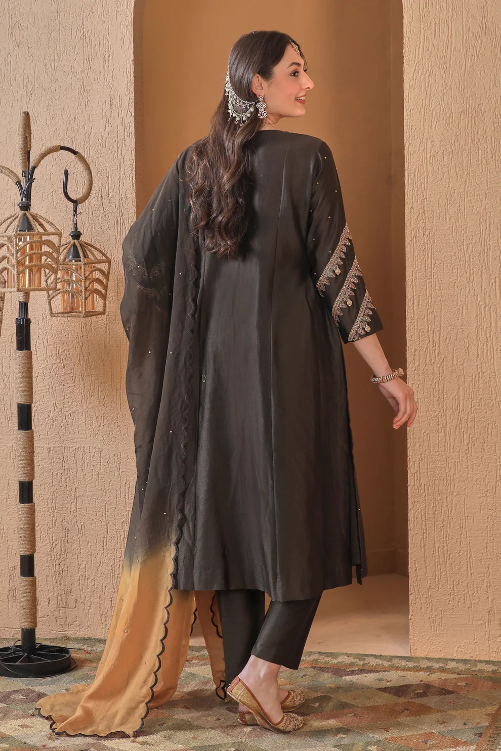Kora Silk Kalidar Suit With Nakshi Embroidery - DARK OLIVE