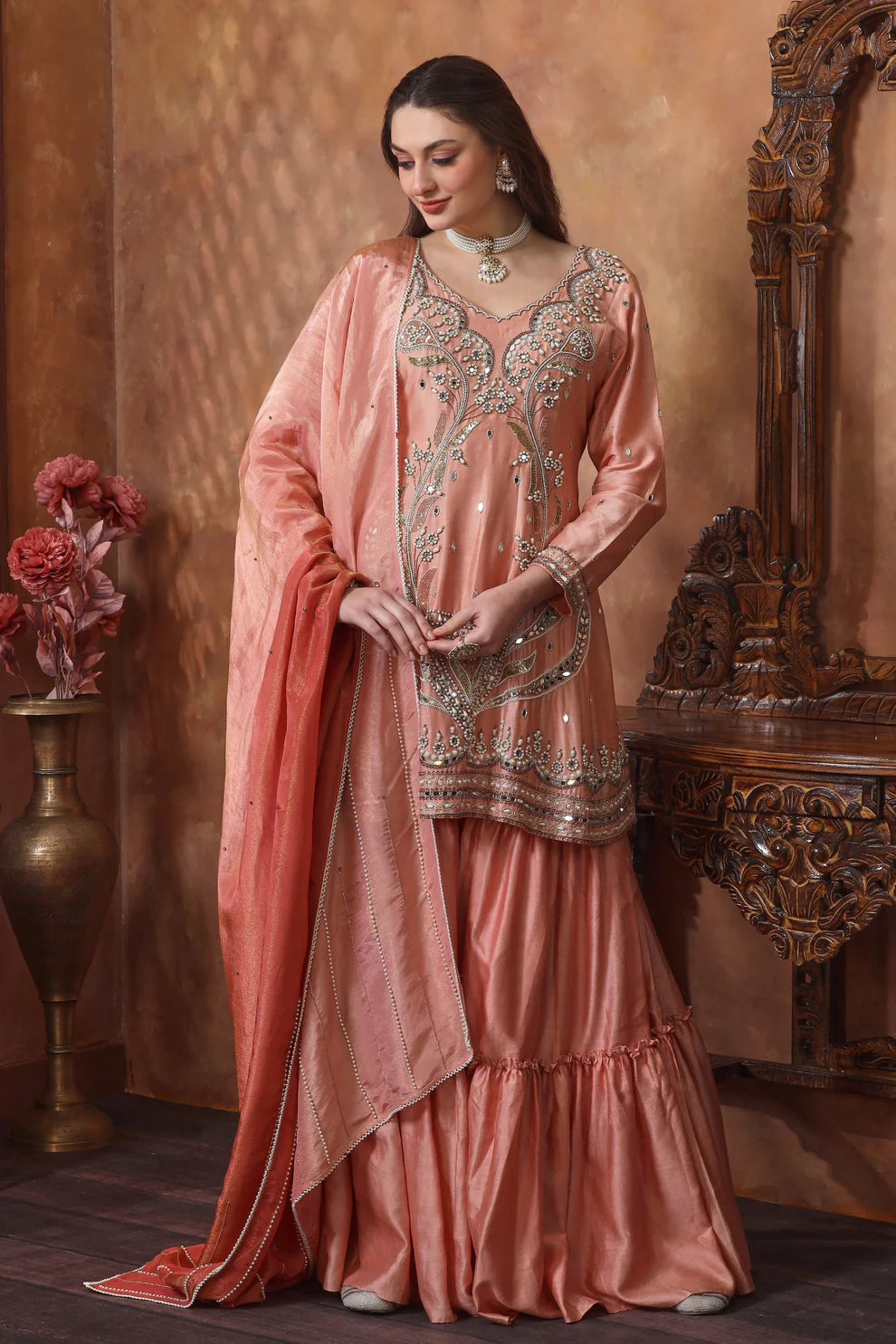 Pearl & Mirror Work Sharara Suit - OLD ROSE