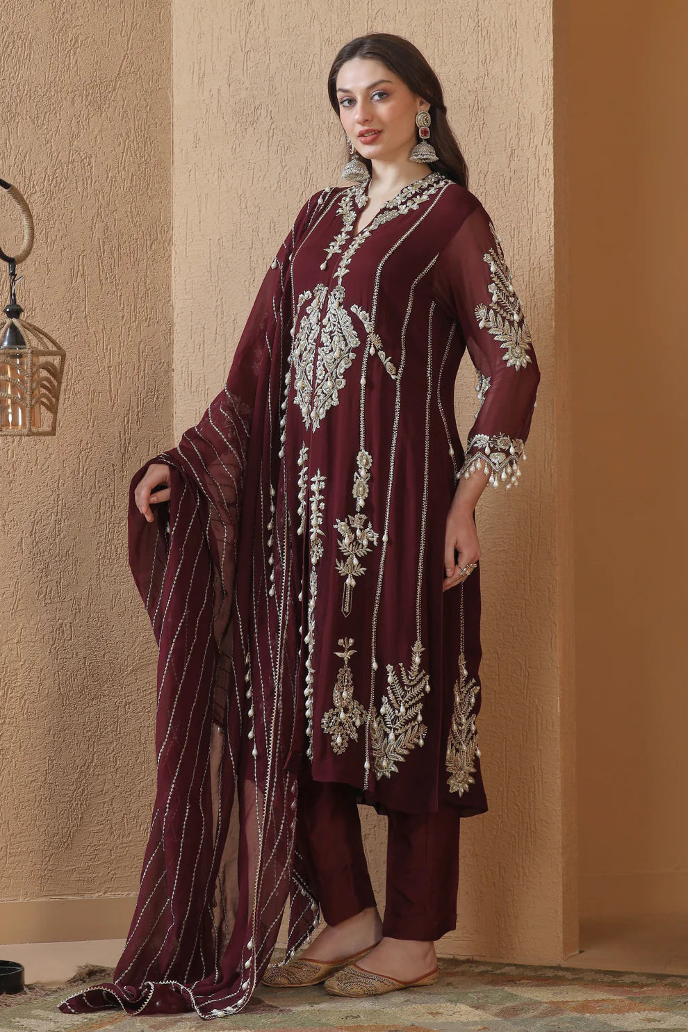 Georgette Suit With Tilla Embroidery - WINE